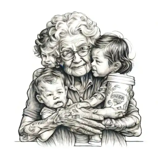 A realistic portrait of a grandma holding hands with her grandkids, with a coffee mug in the background tattoo design idea