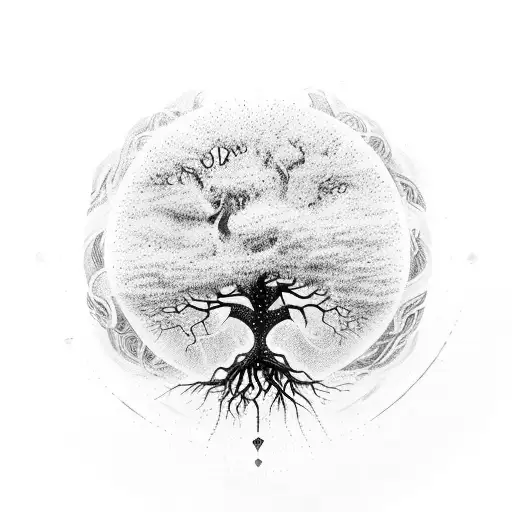 A cosmic tree of life with roots reaching into the earth and branches stretching towards the stars tattoo design idea