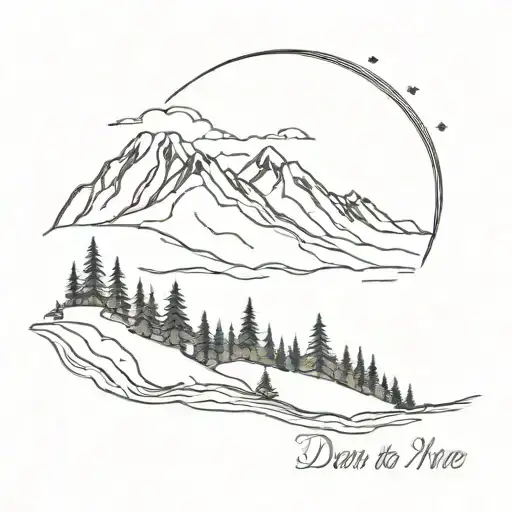 mountains and trees with wording that says dear to me and I know tattoo design idea