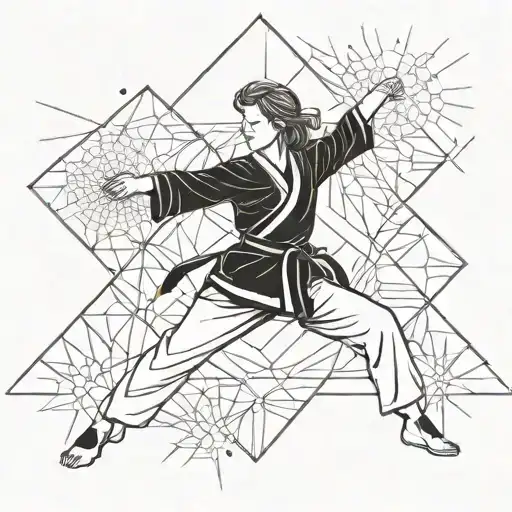 A minimalist tattoo of a woman practicing karate under a starlit sky, capturing the essence of adventure and strength tattoo design idea