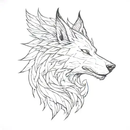 create a simple black and white logo of the silhouette of a wolf's face combined with dragon wings with a crown tattoo design idea