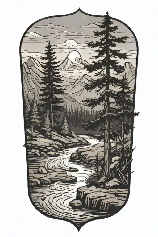 Trees, mountains, and a river flowing, fisherman casting silhouette in distance tattoo design idea
