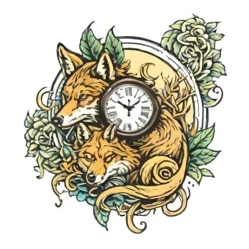 jungle wolves moon time clock tattoo design idea