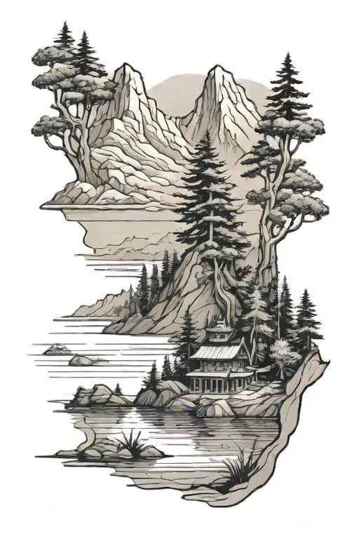 a mountain with trees and a lake in front of it and a soldier kneeling by the lake  tattoo design idea
