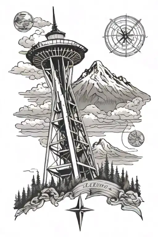 the space needle with a compass on the bottom left and mount rainier on the right tattoo design idea