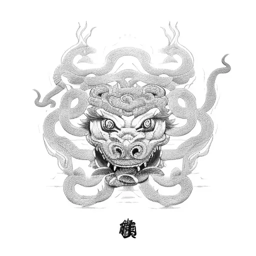 foo dog with snake with red on arm for men tattoo design idea