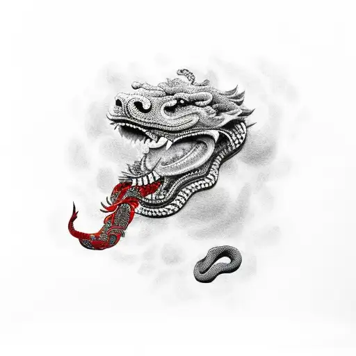 foo dog with snake with red on arm for men tattoo design idea