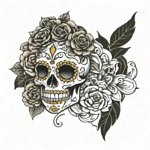sugar skull and picado papel and feminine  tattoo design idea