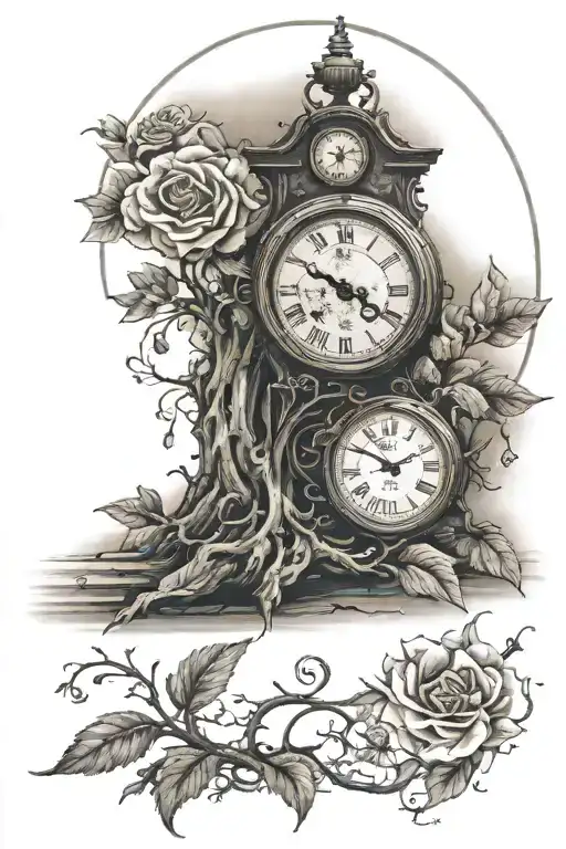 a memento mori forearm sleeve should include an old clock, a symbol for discipline, and a tree tattoo design idea