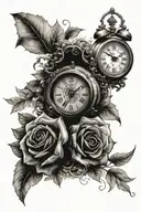write out the two Latin phrases"memento mori" and "memento vivere". the fore arm sleeve should include an old clock.   tattoo design idea