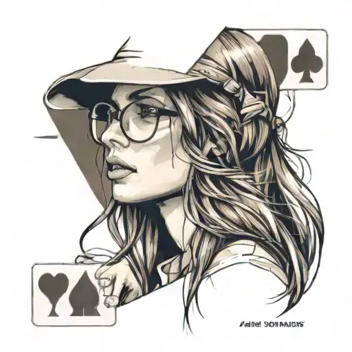 girl in profile, very big long aquiline nose, glasses, long straight brown hair, very thin lips, ace of spades card tattoo design idea