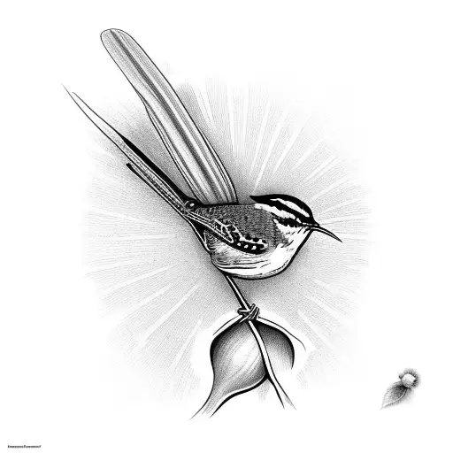 Carolina Wren on ivy vine with sun rays tattoo design idea