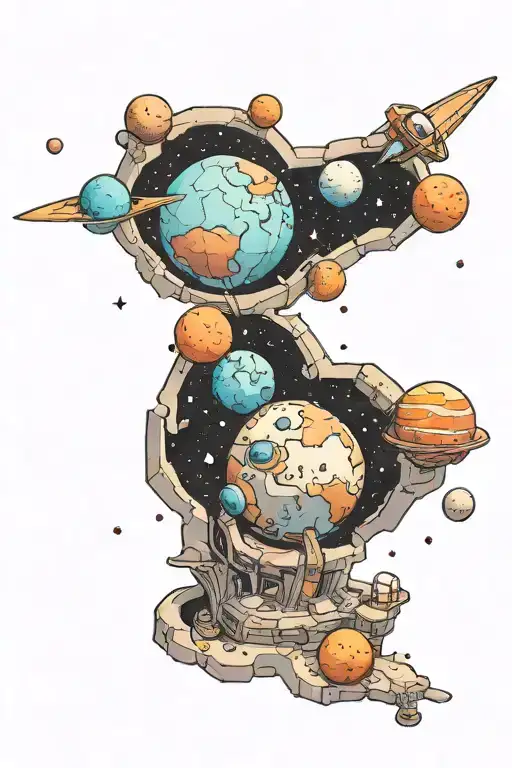 A space-themed dungeon with planets as treasure chests and asteroids as obstacles tattoo design idea