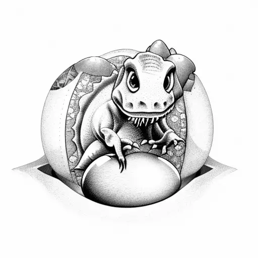 Cartoon baby dinosaur ecloding from a realistic egg tattoo design idea