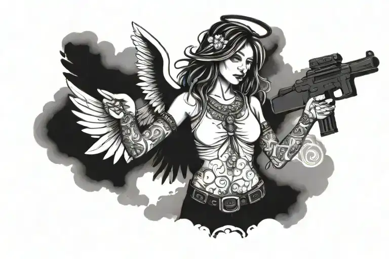 an angel holding a gun, '2nd October 2011' clouds, henna  tattoo design idea