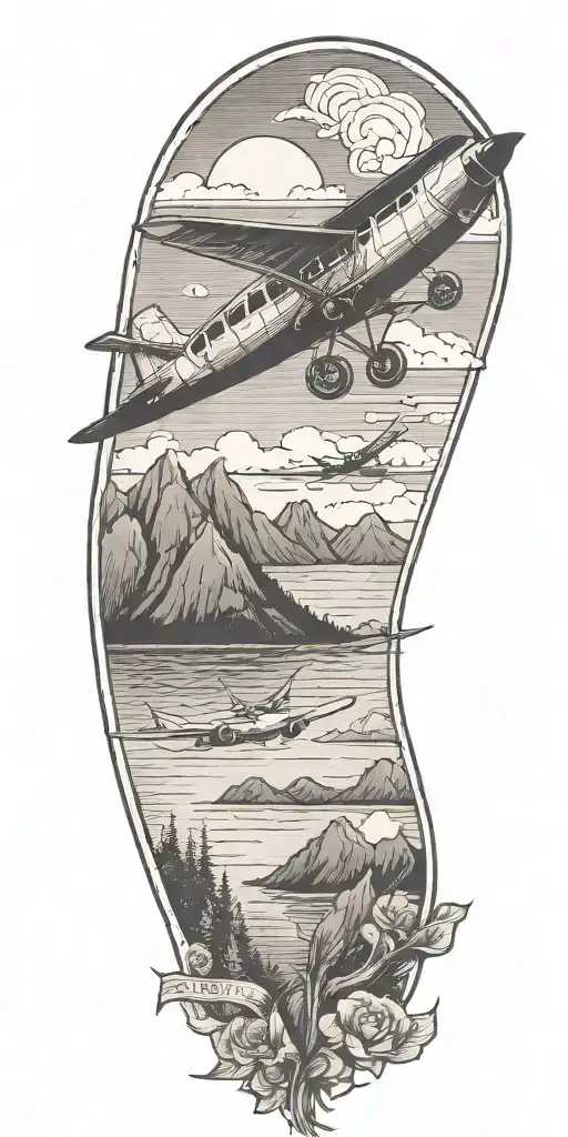A black-grey tattoo of a plane flying over a serene seascape with mountains in the background to capture your love for traveling by plane and nature tattoo design idea