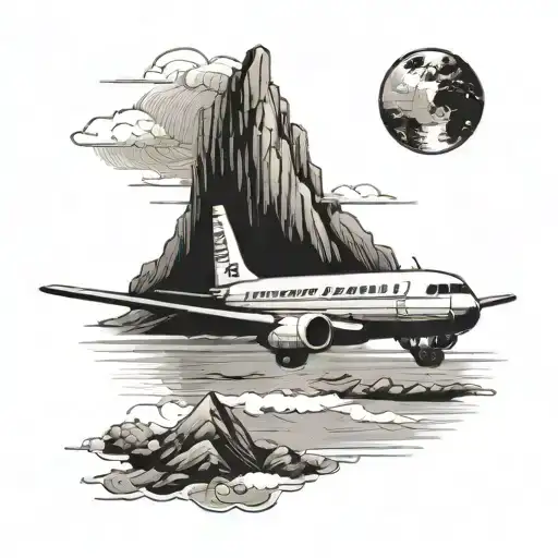 A black-grey tattoo of a plane flying over a serene seascape with mountains in the background to capture your love for traveling by plane and nature tattoo design idea