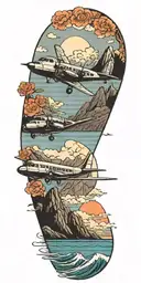 A black-grey tattoo of a plane flying over a serene seascape with mountains in the background to capture your love for traveling by plane and nature tattoo design idea