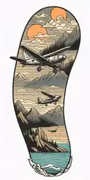 A black-grey tattoo of a plane flying over a serene seascape with mountains in the background to capture your love for traveling by plane and nature tattoo design idea