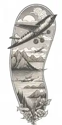 A black-grey tattoo of a plane flying over a serene seascape with mountains in the background to capture your love for traveling by plane and nature tattoo design idea