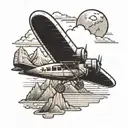 A black-grey tattoo of a plane flying over a serene seascape with mountains in the background to capture your love for traveling by plane and nature tattoo design idea