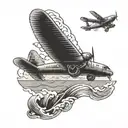 A black-grey tattoo of a plane flying over a serene seascape with mountains in the background to capture your love for traveling by plane and nature tattoo design idea