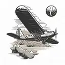 A black-grey tattoo of a plane flying over a serene seascape with mountains in the background to capture your love for traveling by plane and nature tattoo design idea