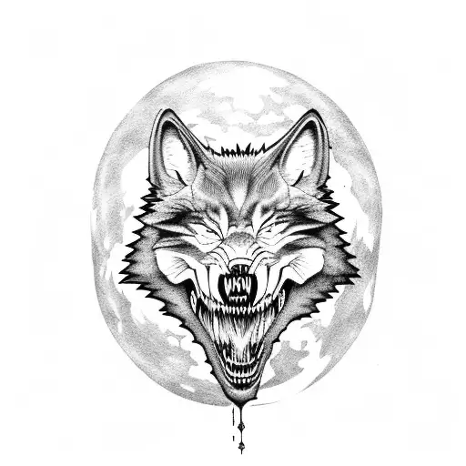 A fierce wolf howling at the moon with a skull in its jaws tattoo design idea