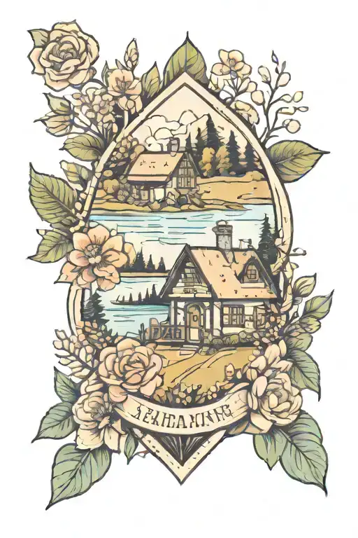 House on field surrounded by flowers, in the background forest with river and coordinates  tattoo design idea