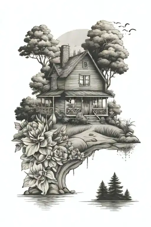 House on field surrounded by flowers, in the background forest with river and coordinates  tattoo design idea