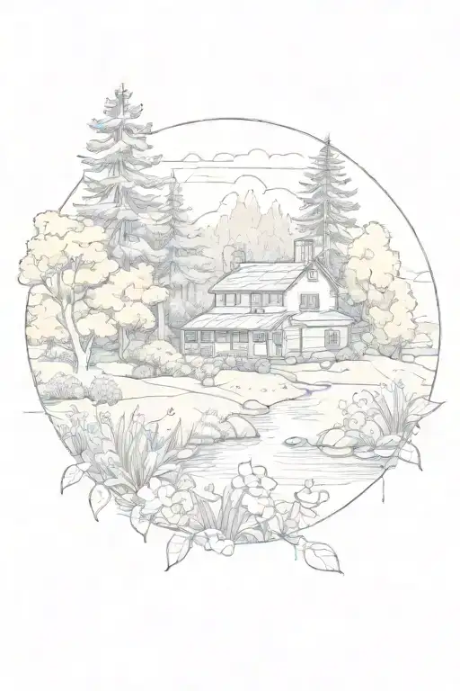 House on field surrounded by flowers, in the background forest with river and coordinates  tattoo design idea