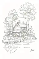 Forest, House, coordinates written underneath and river tattoo design idea