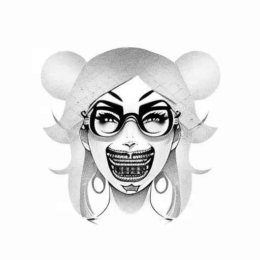 A bold blackwork tattoo of a schoolgirl with braces wearing pink panties and a mischievous smile tattoo design idea