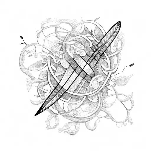 A whimsical design of a badminton racket entwined with vines and flowers, symbolizing the client's love for nature and sports tattoo design idea