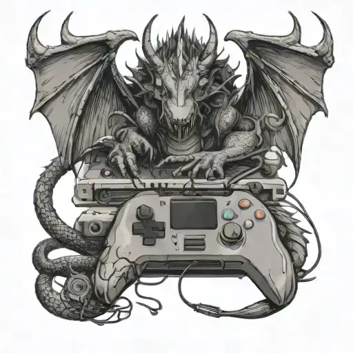 A sleeping dragon wrapped around a gaming console with musical instruments scattered around tattoo design idea
