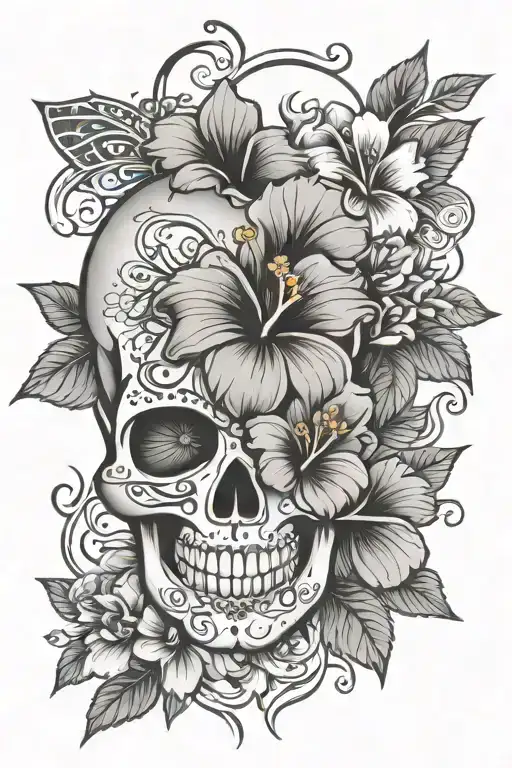 hibiscus and sugar skull strength inspired tattoo featuring tattoo design idea