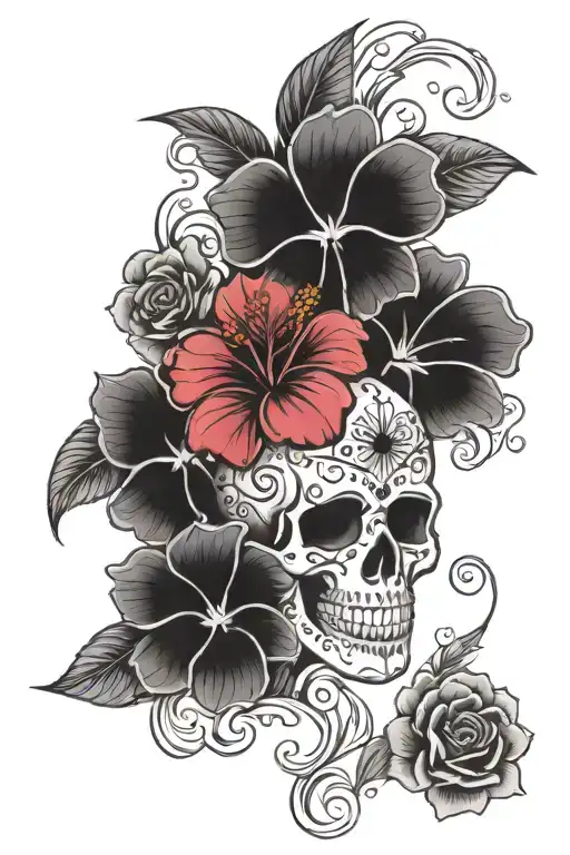hibiscus and sugar skull strength inspired tattoo featuring tattoo design idea