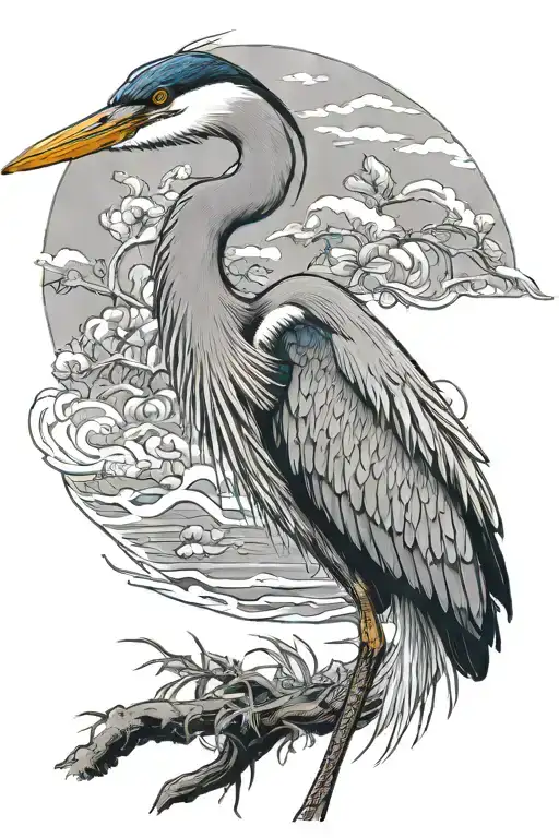 blue heron standing straight up tall from the side tattoo design idea