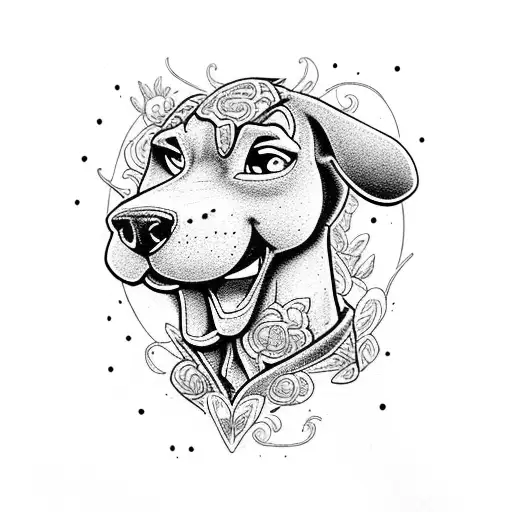 A portrait of Scooby Doo surrounded by intricate floral patterns tattoo design idea