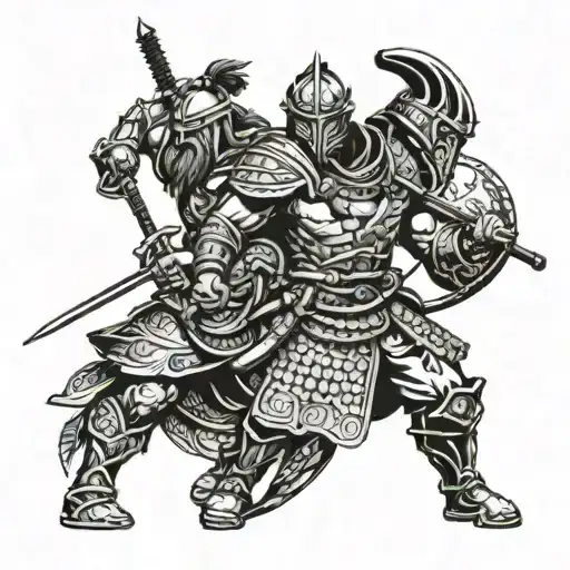 One warrior, with samurai viking spartan and American soldier aspects to his armor and weapons  tattoo design idea