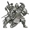One warrior, with samurai viking spartan and American soldier aspects to his armor and weapons  tattoo design idea