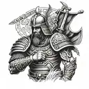 One warrior, with samurai viking spartan and American soldier aspects to his armor and weapons  tattoo design idea