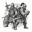 One warrior, with samurai viking spartan and American soldier aspects to his armor and weapons  tattoo design idea