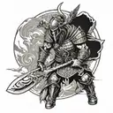 One warrior, with samurai viking spartan and American soldier aspects to his armor and weapons  tattoo design idea