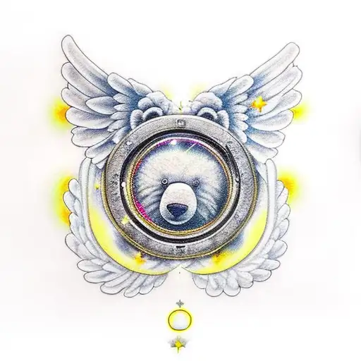 teddy bear with yellow eyes, halo and angel wings, surrounded by stars  tattoo design idea