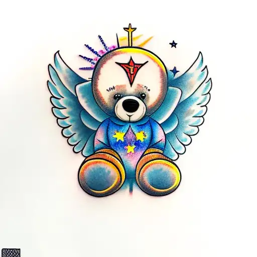 teddy bear with yellow eyes, halo and angel wings, surrounded by stars  tattoo design idea