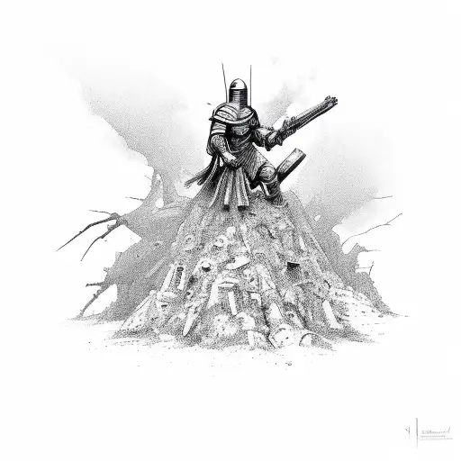 war torn crusader leaning against atree tattoo design idea