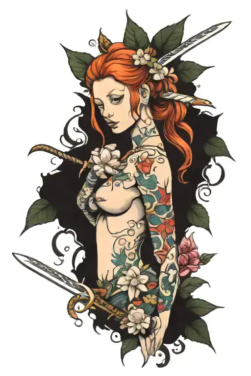 ginger woman worrier with sword and cherry flowers tattoo design idea
