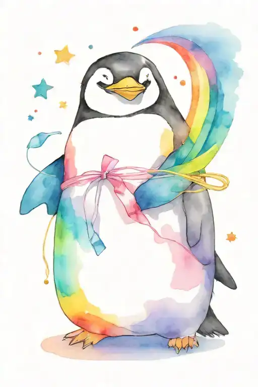 chubby penguin holding a string in its hand, connected to a  large butter fly flying with rainbow colors all around both tattoo design idea