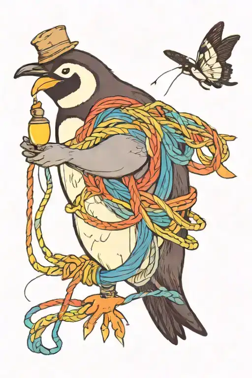 chubby penguin holding a rainbow colored string in its hand, which is connected to a  large butter fly flying  tattoo design idea